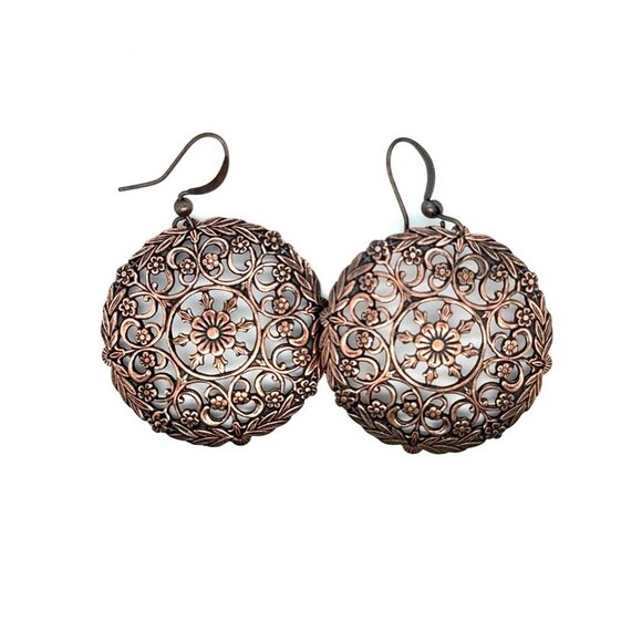 Brown Circle Flower Dangle Earrings - Picture 1 of 4